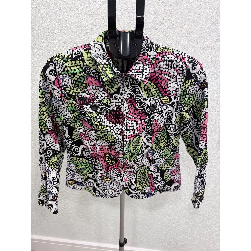 Coldwater Creek 100% Cotton Floral Bright Cooling Art to Wear Zip Up Jacket PS